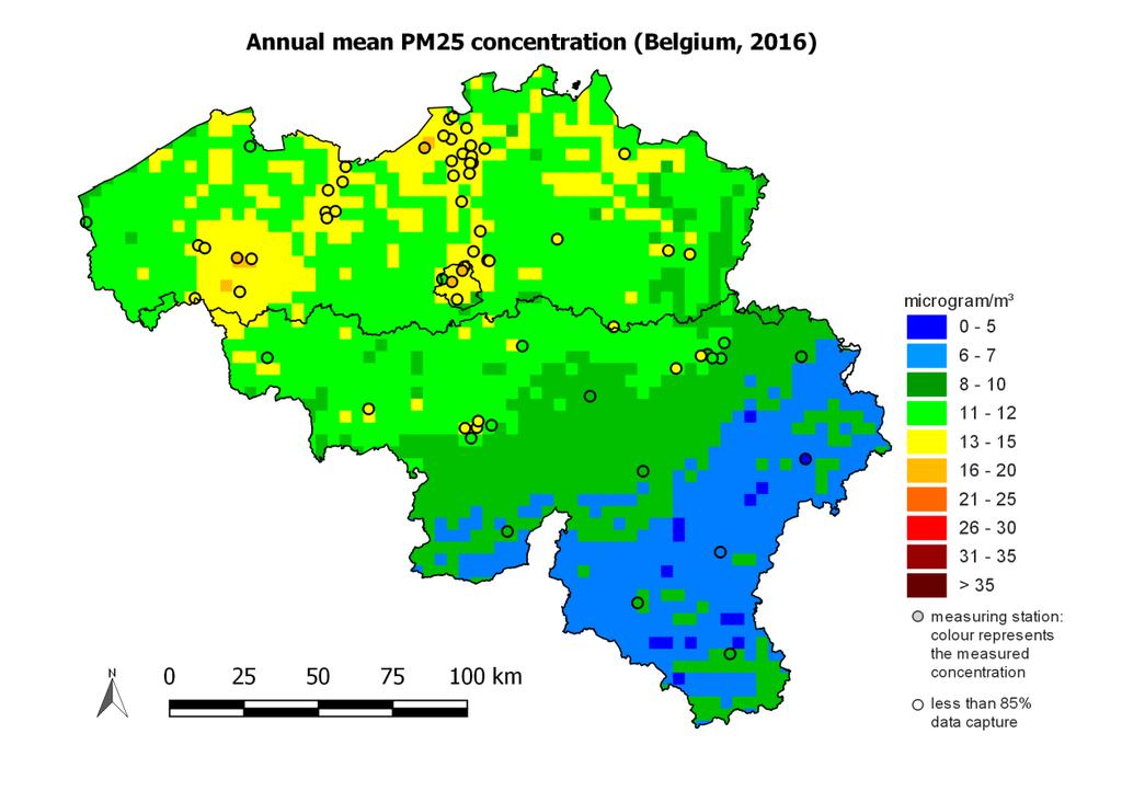 Figuur 19: Ruimtelijke spreiding van de jaargemiddelde PM 2,5 -concentratie in België in 2016. Alle data werden berekend op basis van de RIO-interpolatietechniek.