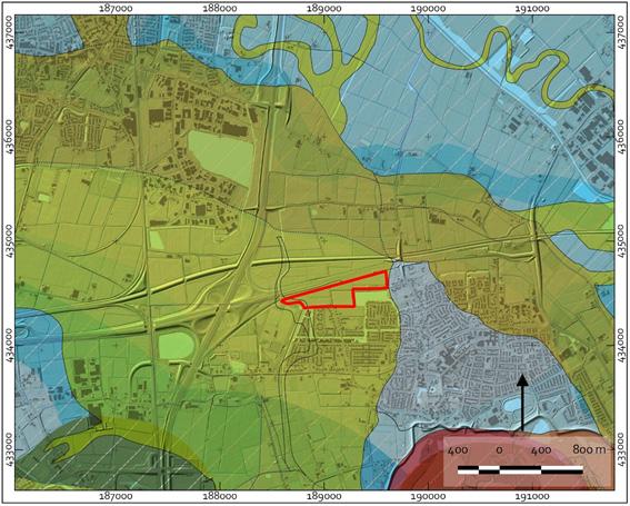 Plakselaan / Parkwal A15 11 2 Eerder onderzoek 2.1 Landschappelijk kader Figuur 2.1 Uitsnede Digitaal Basisbestand Paleogeografie van de Rijn-Maas Delta met het plangebied in rood (bron: Cohen et al.