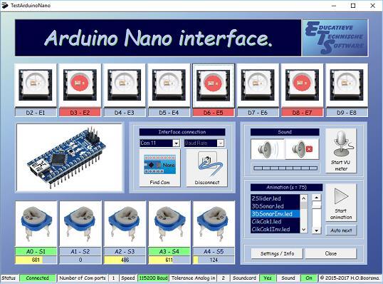 Uiteraard moet de Arduino Nano op een Windows computer aangesloten worden. Met het onderstaande programma kunnen alle functies van de Arduino Nano getest worden.