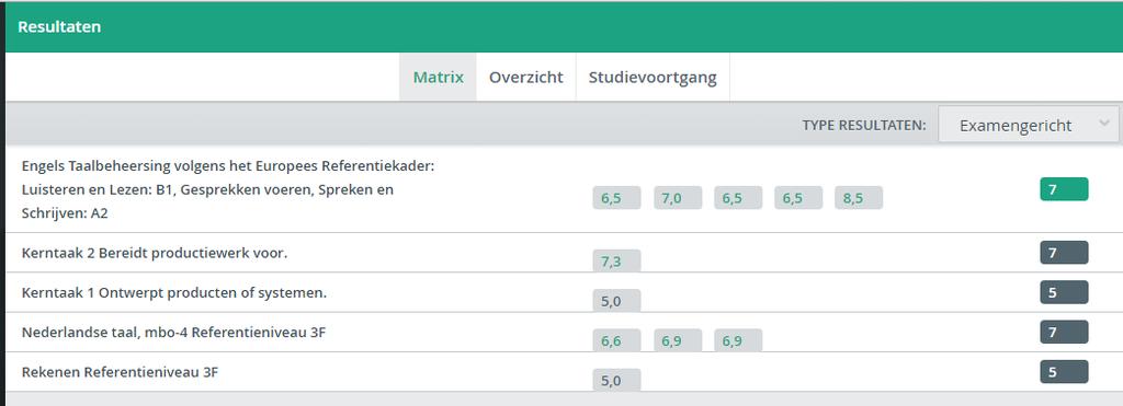 Bij toetsen zie de de formatieve (ontwikkelingsgerichte) resultaten. Door op een resultaat te klikken zie je detailgegevens.