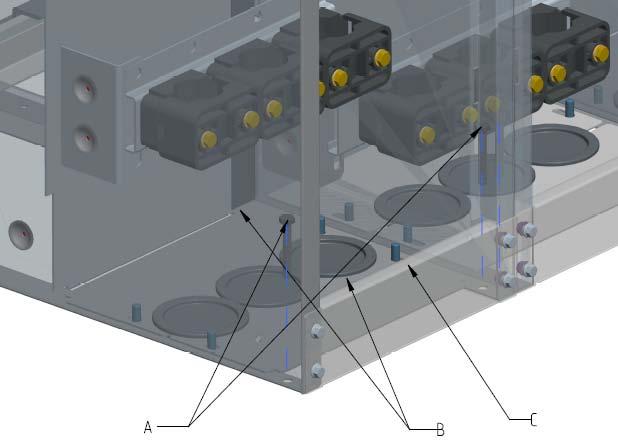 Figuur 18: DR-6C middenspanningsbord op definitieve plaats in de opstellingsruimte monteren Veranker elke functionele eenheid met behulp van twee bouten (A) in de vloer.