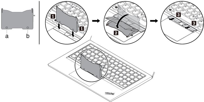 3. Haal het gereedschap uit het pakket met het nieuwe toetsenbord. Plaats de nokjes a en b in de sleuf tussen de TrackPoint-knoppen en de trackpad 1.