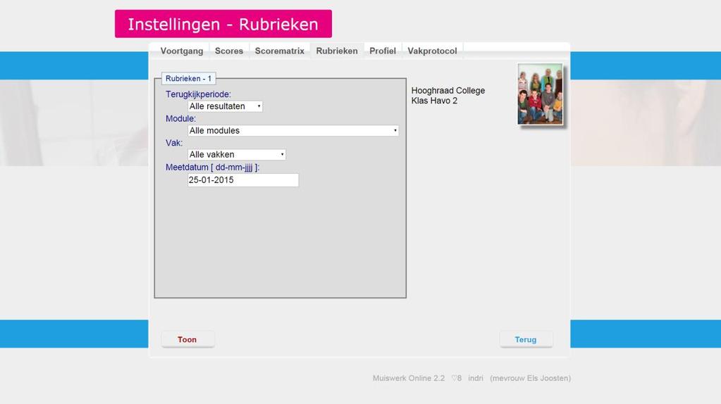 Instelling rubriekenmatrix Vier instellingen voor de rubriekenmatrix. Pas de instellingen aan en druk daarna op de Toon-knop.