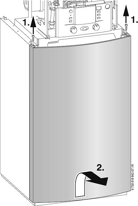 Demonteer de frontale afdekplaat van de boiler. Fig. 40 De Heatronic naar beneden klappen. Fig. 41 Verwijder de isolaties van de NTC aansluitingen van de boiler (1).