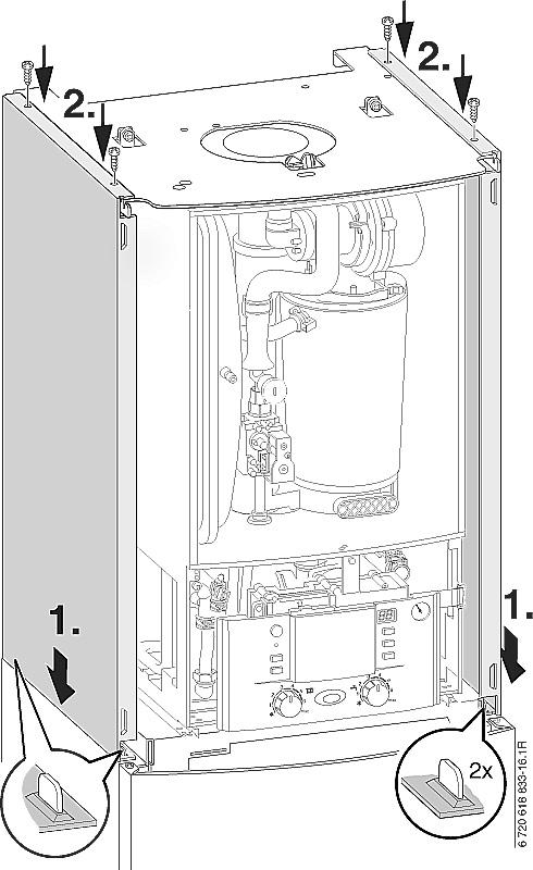 Monteer de zijdelingse afdekkingen van de gasketel met 2 schroeven. Fig.