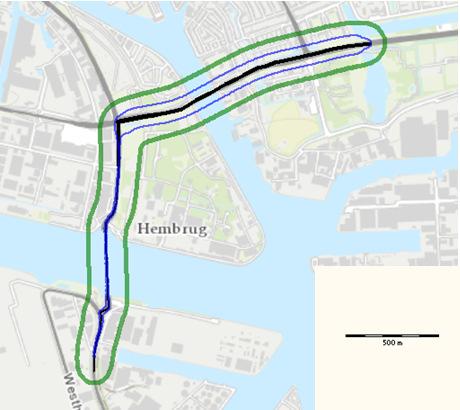 Figuur 11: plaatsgebonden risicocontouren -7 (blauw) en -7 (groen) huidige situatie