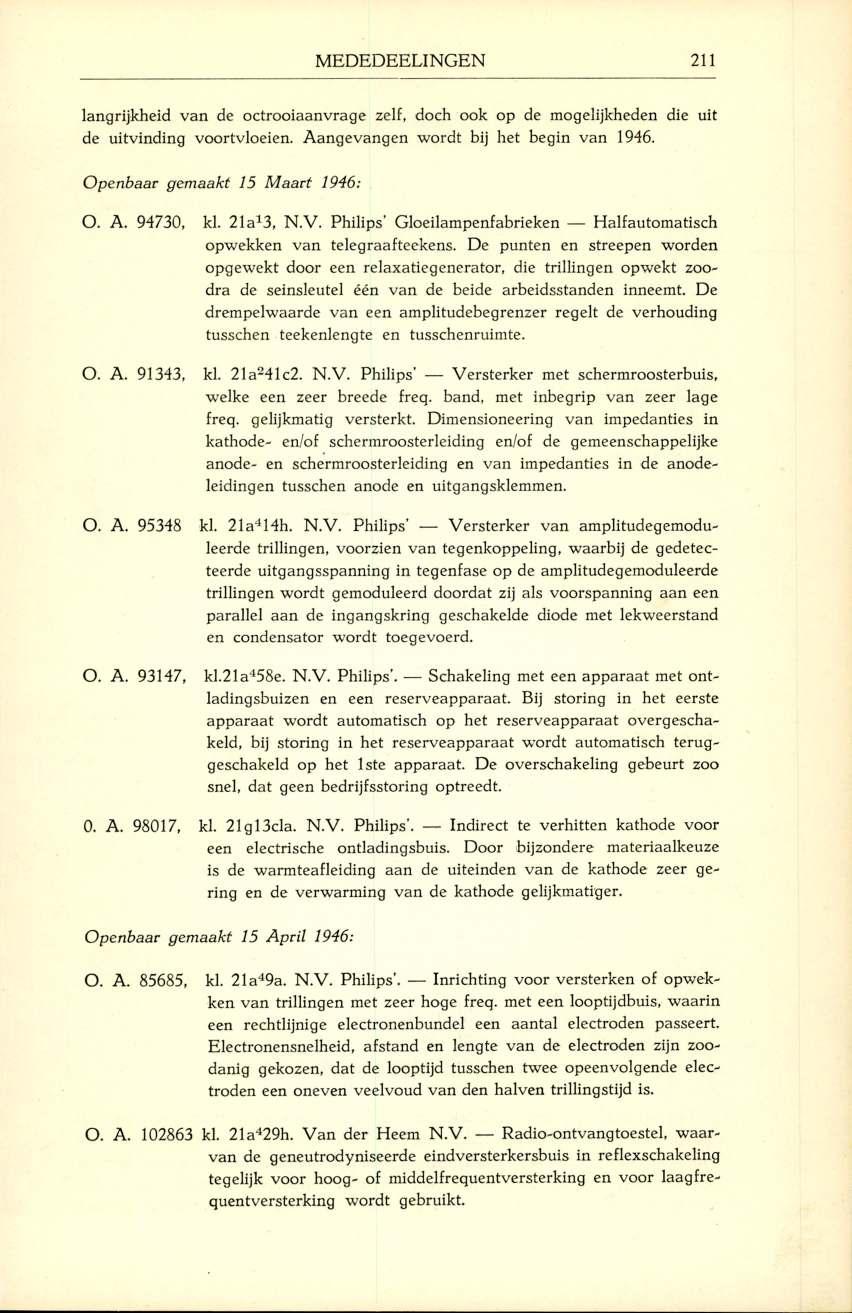 M EDEDEELINGEN 211 langrijkheid v a n de o ctro o iaan v rag e zelf, doch ook op de m ogelijkheden die uit de uitvinding voortvloeien. A angevangen w ordt bij het begin van 1946.