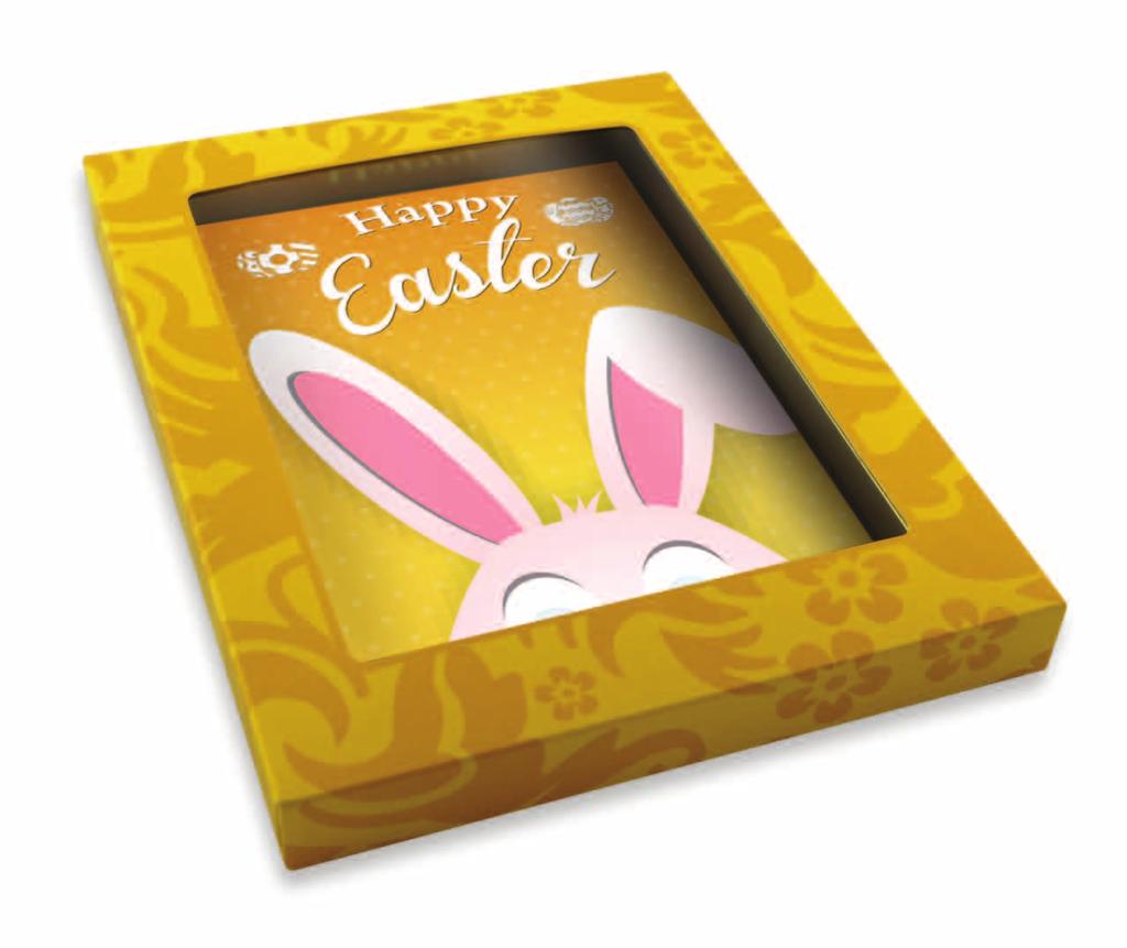 WENS006 ChocoWens Easter Bunny Blue [150 g] Een vrolijke Happy Easter wenskaart, gemaakt van heerlijke melkchocolade met een dun laagje marsepein, bedrukt met een paasdecoratie.