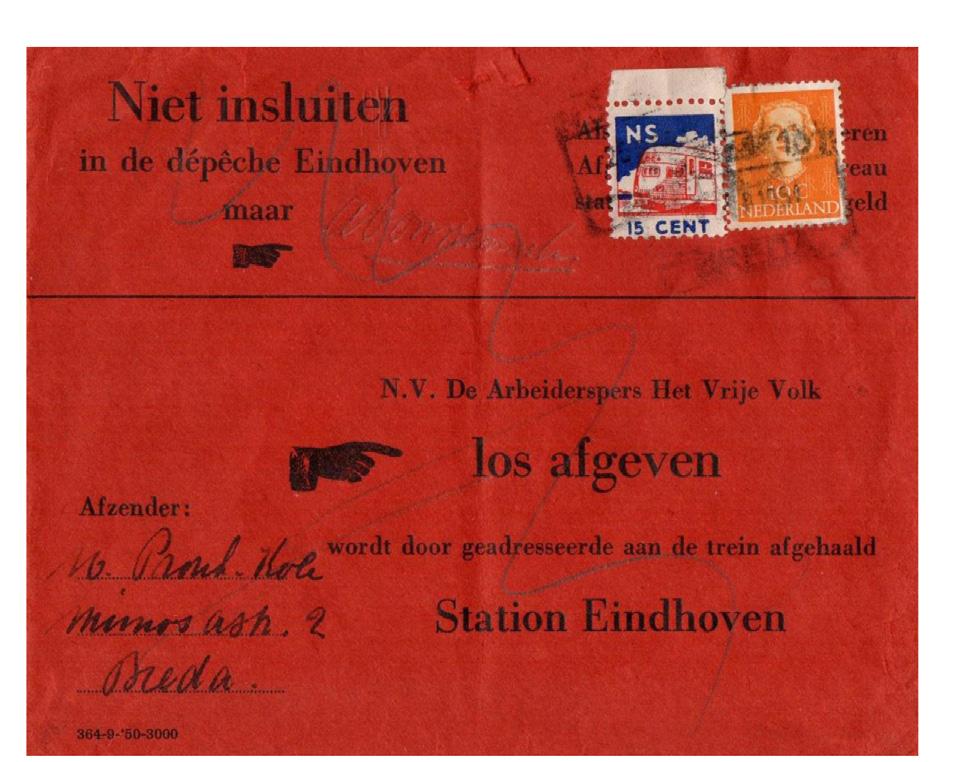 Persbrief uit 1956 van Breda naar de N.V. De Arbeiderspers Het Vrije Volk te Eindhoven. De inhoud bestond waarschijnlijk uit een of meerdere persfoto s.
