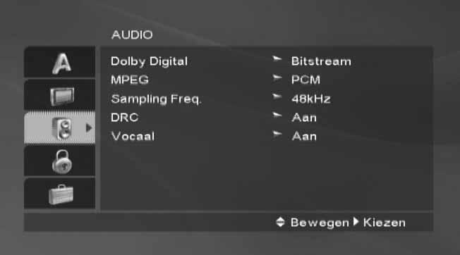 Vóór gebruik (vervolg) - Dvd-spelergedeelte AUDIO Elke dvd heeft verschillende opties voor het audiosignaal. Stel het AUDIO van het apparaat in volgens het type geluidsinstallatie dat u gebruikt.