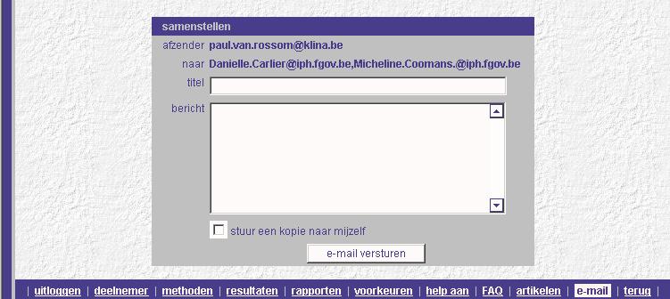 10. Communicatie/ E-mail Klik op e-mail in de menubalk. Onderstaand scherm verschijnt. Via dit menu kunt u rechtstreeks een E-mail versturen naar de groepsadministrator van het WIV.