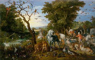 De dieren gaan de ark binnen -Jan Breughel (de oude) - 1615 10 Toen de zeven dagen voorbij waren, kwam het water van de vloed over de aarde.