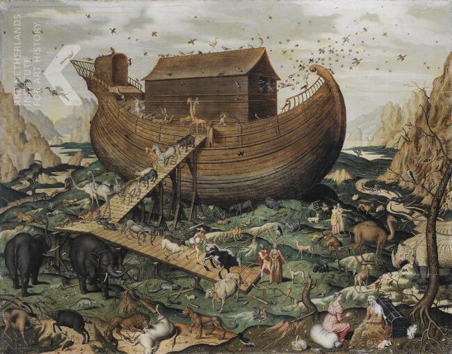 Maandag 17 september De ark van Noach op de berg Ararat - Simone de Myle 1570 Na een tijd rondgevaren te hebben zakt het water en komt de ark op de berg Ararat te