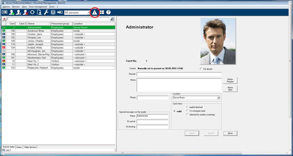 Access Professional Edition Alarm Management (Alarmbeheer) nl 7 3 Alarm Management (Alarmbeheer) U kunt dit dialoogvenster starten vanuit de weergave Personnel Management (Personeelsbeheer) door op