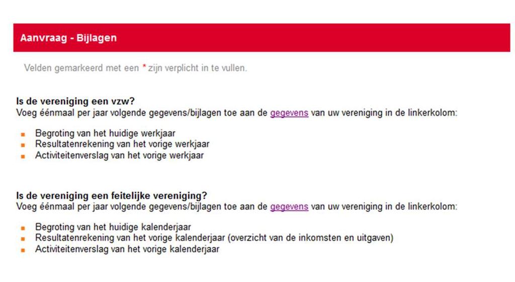 Bijlagen (Pagina 4) Belangrijk! Klik op: gegevens om naar je verenigingenfiche te gaan.