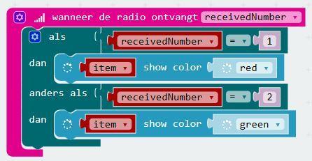 Stap 3 Nu moet de ontvangende Micro:bit nog iets gaan doen met de verstuurde nummers. Eerst moeten we aangeven dat hij moet reageren als hij een nummer ontvangt.