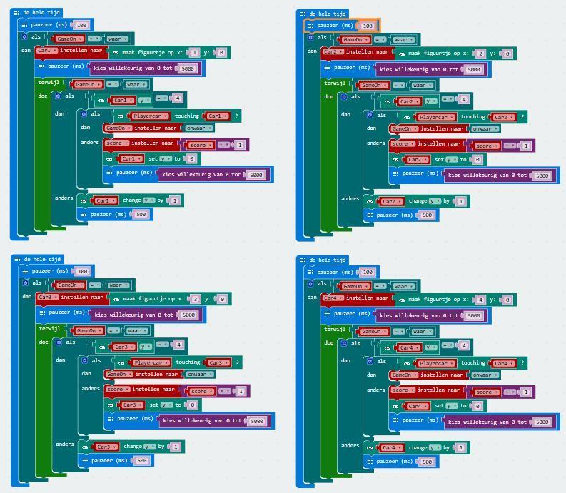 Stap 4 Nu hebben we de eerste auto af in rij 0 en kopiëren we de code voor de auto s in de rijen 1, 2, 3 en 4 (hernoem de variabelen ook naar car1, car2 etc) Vergeet niet om ook de X-as aan te passen
