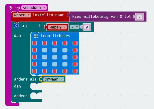 Stap 2 Zet dan een als blok achter het laat blok dat kijkt welk wapen, welk getal heeft. Let erop dat het als blok ook de functies anders dan en anders heeft.