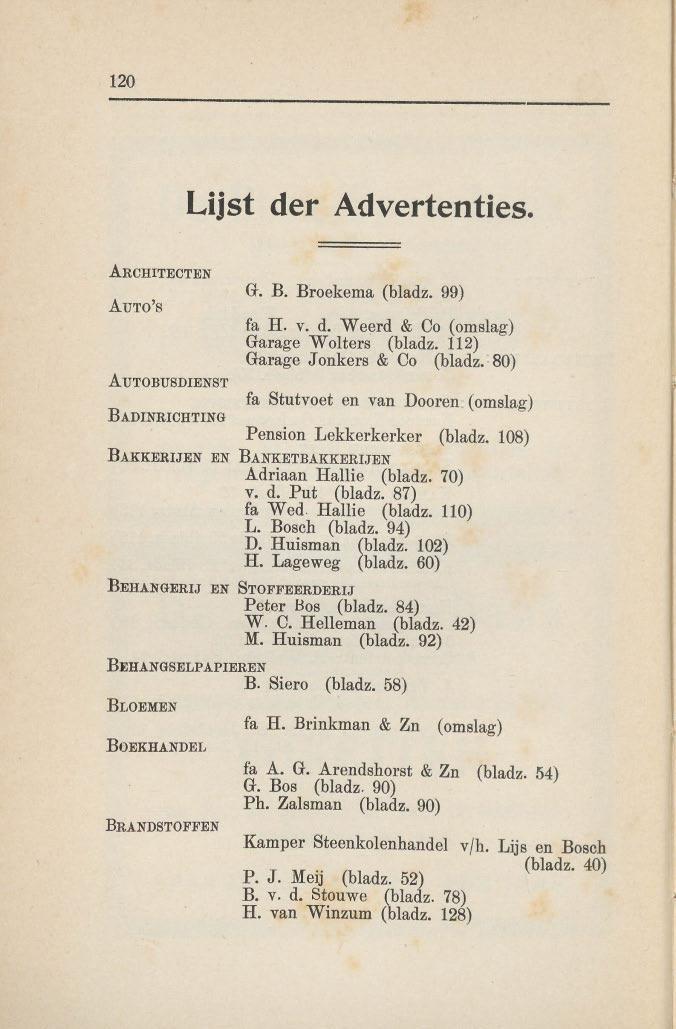 120 Liist der Advertenties. ARCHlTECTEN G. B. Broekema (bladz. 99) AUTO'S fa H. v. d. Weerd & Co (omslag) Garage Wolters (bladz. 112) Garage Jonkers & Co (bladz.