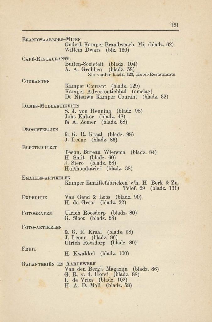 BRANDWAARBORG-MIJEN Onderl. Kamper Brandwaarb. Mij (bladz. 62) Willem Dwars (biz. 130) a.~.]<':e-restaurants Buiten-Societeit (bladz. 104) A. A. Grobbee (bladz. 58) Zie verder bladz.