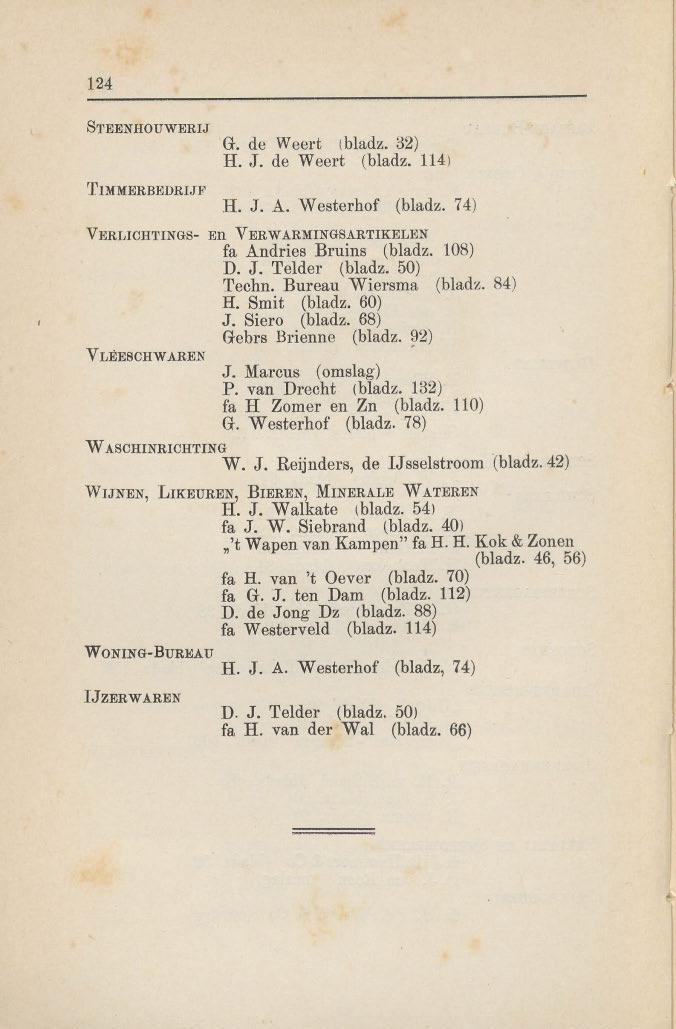 124 STEENHOUWERIJ 'rimmerbedrijj<' G. de Weert tbladz, 32) H. T. de Weert (bladz, 114) H. J. A. Westerhof (bladz. 74) VERLICH'l'INGS- En VERWARMINGSARTIKELEN fa Andries Bruins (bladz, 108) D. J. Telder (bladz.