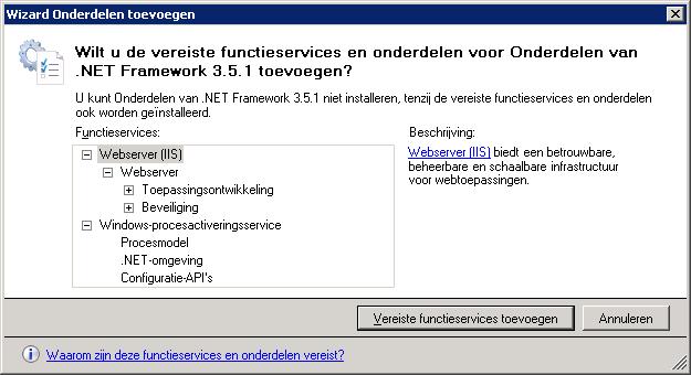 9 Klik bij de controle vraag op de knop Vereiste functies toevoegen. 10 Klik op Volgende 11 Klik op Volgende 12 Klik op Volgende 13 Klik op Installeren 2.