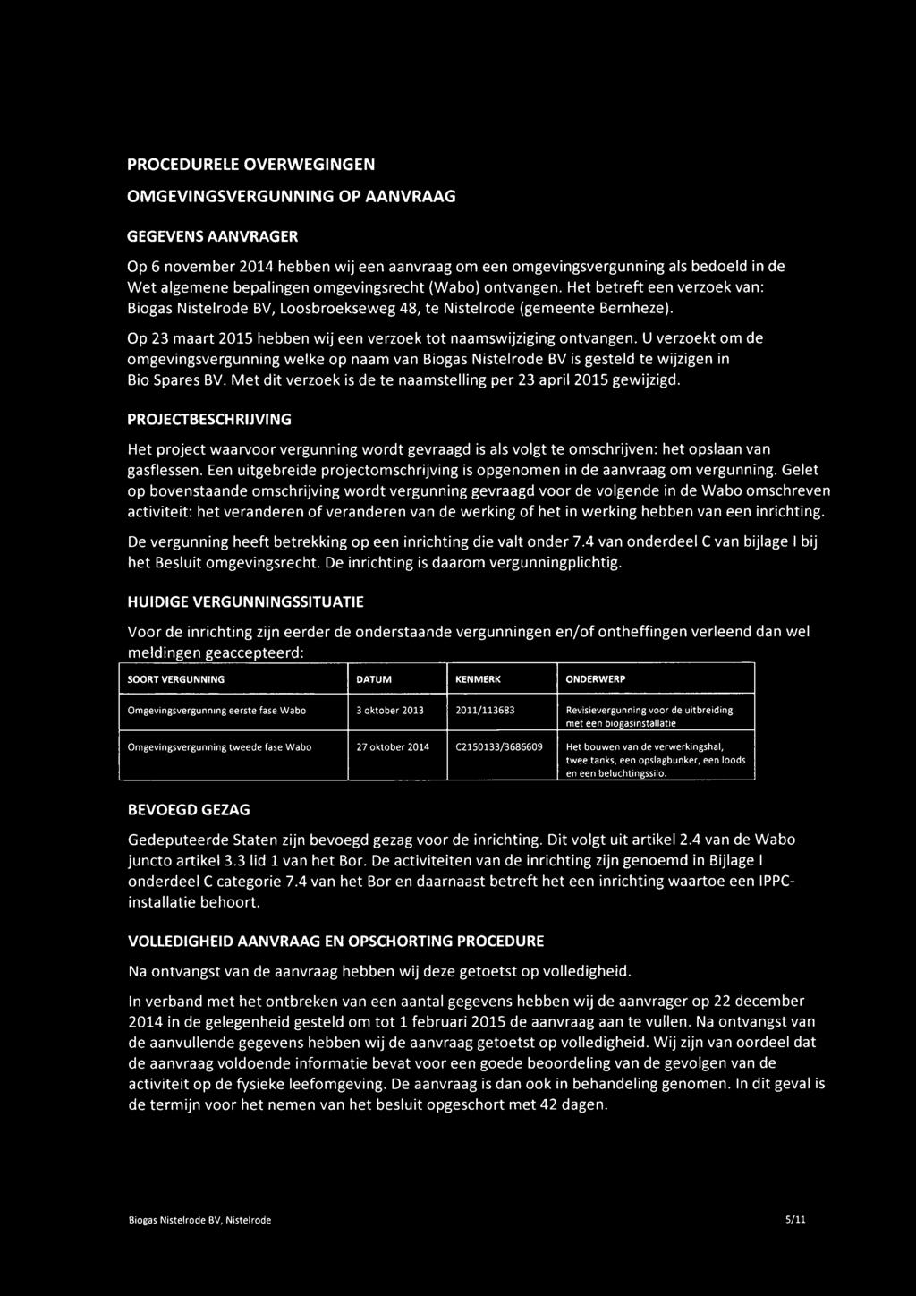 Op 23 maart 215 hebben wij een verzoek tot naamswijziging ontvangen. U verzoekt om de omgevingsvergunning welke op naam van Biogas Nistelrode BV is gesteld te wijzigen in Bio Spares BV.