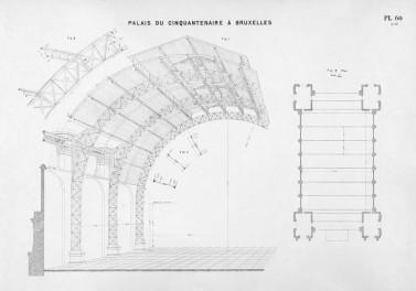 Opengewerkt perspectief van het skelet en plan van de paviljoenen ontworpen door Gédéon