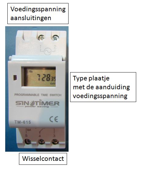 Montage: op een DIN-rail (zie 005-005-001-001). 2. Handleiding universele tijdklok 2.1 Aansluitingen 2.1.1 Voedingsspanning Aan de bovenzijde bevinden zich twee schroefverbindingen voor de aansluiting van de voedingsspanning.