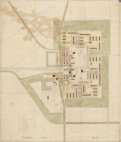 Eindplan uit 1954 van De 8, gemaakt door Aldo van Eyck. Alleen ter hoogte van de vaart wordt de bosgordel rond Nagele doorbroken.