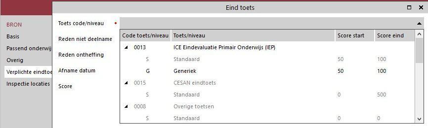Voorbeeld: Let op: de grijze toetsen / niveaus zijn niet te selecteren (niet meer in gebruik) Voor leerlingen die om bepaalde redenen geen eindtoets hebben gemaakt, kiest u de toetsnaam-regel van uw