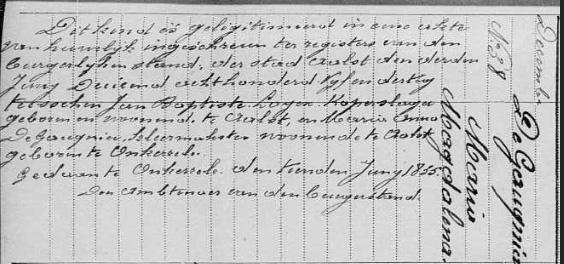 Op haar geboorteakte staat dat dit kind gewettigd is door huwelijk ingeschreven ter registers van de burgerlijke stand van Aalst op 3 juni 1835 tussen Jan Baptiste Luyckx, koperslager, geboren en