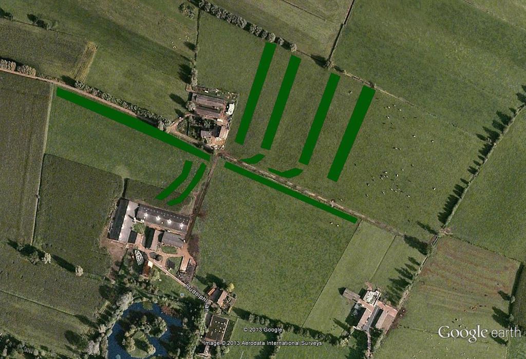In figuur 19 is het inrichtingsplan van de wilgenplantage in de kippenuitloop bij Van Deelen weergegeven. Met de groene stroken zijn de locaties waar wilgen zijn geplant aangegeven.