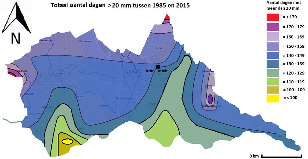 Bijlage Y: Verdeling natte dagen over sgebied Bijlage Y brengt in kaart of De Bilt overeen komt met andere locaties als er wordt gekeken naar het aantal dagen met meer dan 20mm in de regenmeter.