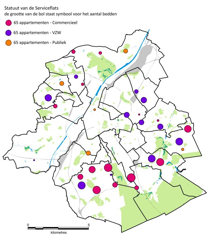 De geografische spreiding van de rust- en verzorgingstehuizen per statuut wordt weergegeven in kaart 11. Alle types liggen verspreid over het Gewest.