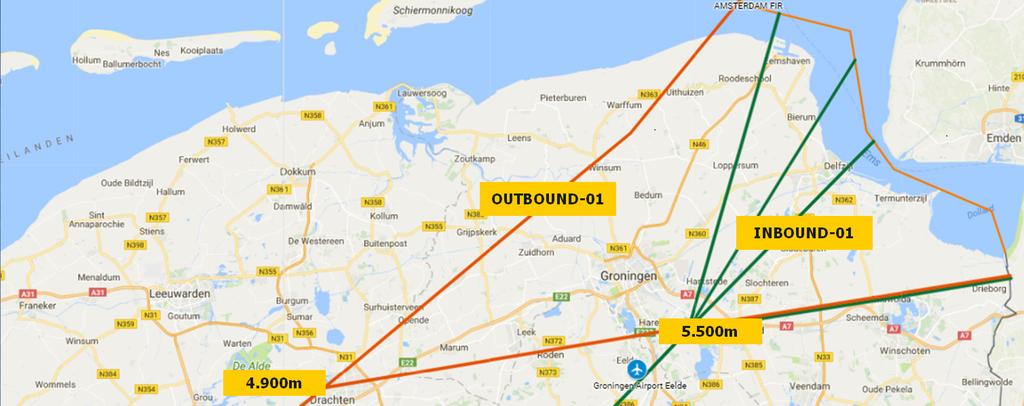 SECTOR 1 Deze sector is minder problematisch omdat zowel in- als outbound kan worden uitgevoegd uit, respectievelijk ingevoegd in bestaande Schiphol verkeersstromen.