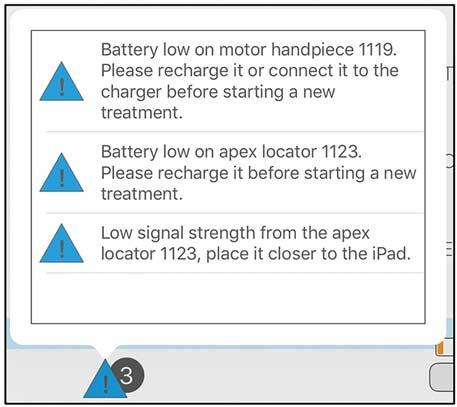 Druk op het waarschuwingsteken in de werkbalk om de oorzaken van de meldingen te bekijken en zie hoofdstuk 9 Foutmeldingen Endo IQ -app. 6.