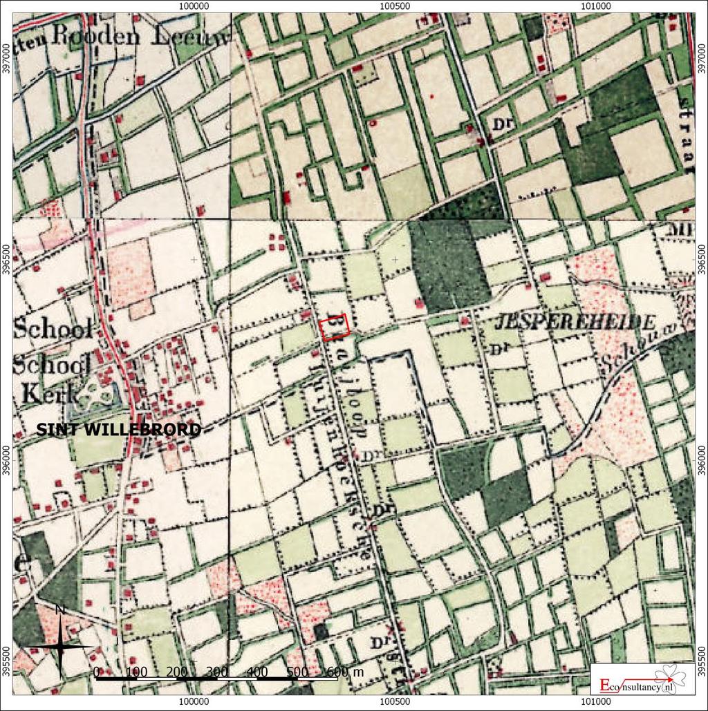 Figuur 5. Situering van het plangebied binnen Militaire topografische kaart uit 1900 21 Irenestraat naast nr. 91 te St. Willebrord.