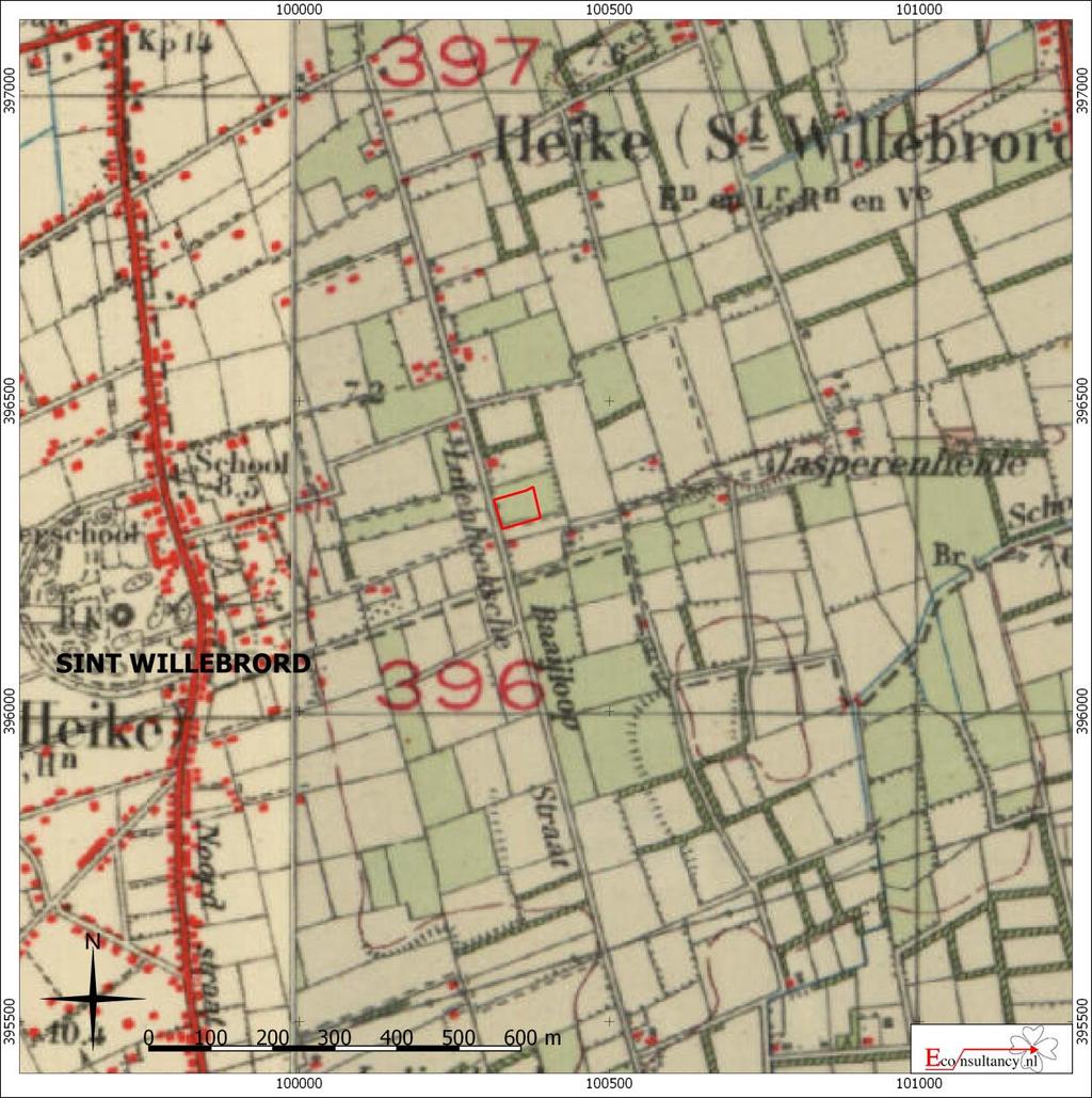 Figuur 6. Situering van het plangebied binnen Militaire topografische kaart 1938 22 Irenestraat naast nr. 91 te St. Willebrord.