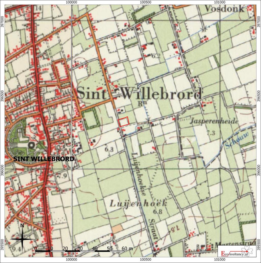 Figuur 7. Situering van het plangebied binnen Militaire topografische kaart uit 1967 23 Irenestraat naast nr. 91 te St. Willebrord.