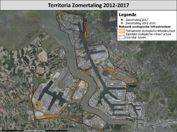 Figuur 19: Overzicht van de in 2017 vastgestelde territoria van Zomertaling in het havengebied, in vergelijking met de territoria van 2012-2016 Libellen In figuur 20