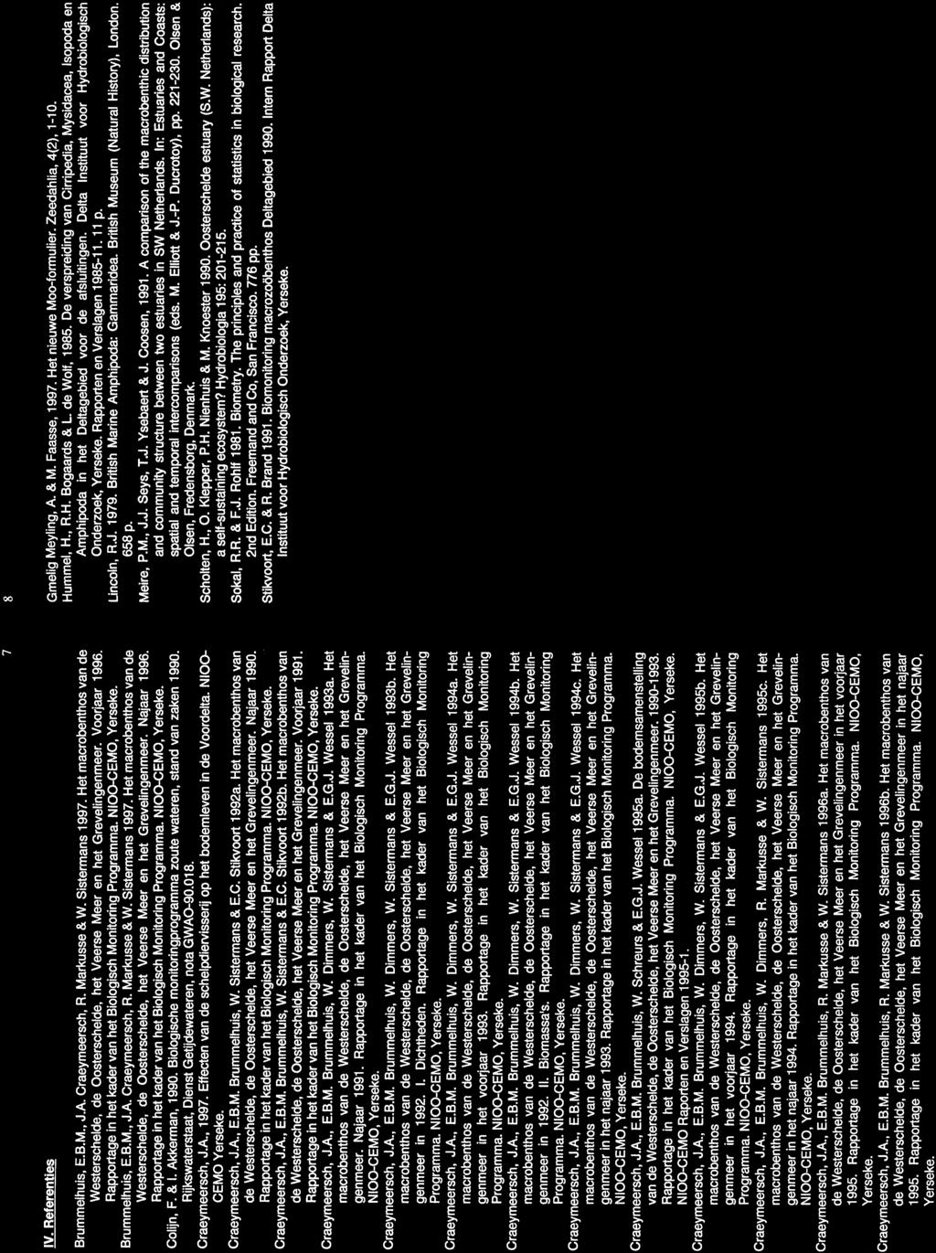 V. Referenties Brummelhuis, E.B.M., J.A. Craeymeersch, R. Markusse & W. Sistermans 1997. Het macrobenthos van de Westerschelde, de Oosterschelde, het Veerse Meer en het Grevelingenmeer. Voorjaar 1996.