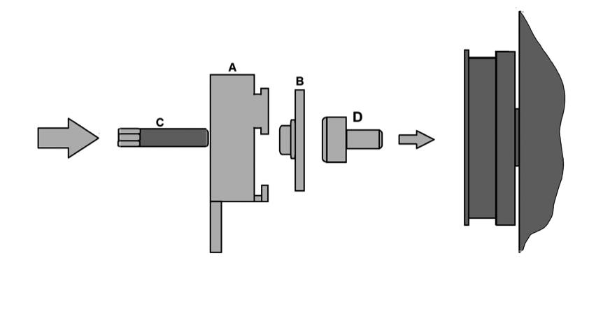 Onderdeel A/B/C/D Demontagegereedschappen krukaspoelie: Gebruik onderdeel A, B, C en D voor het verwijderen van de krukaspoelie nadat de poeliebout is verwijderd.