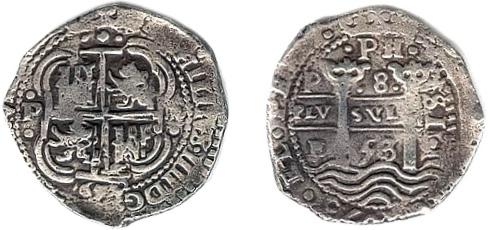 Fig. 10: 8 reaal 1653, geslagen te Potosi: nieuw type 8 reaal met de Herculeszuilen De oudste klacht voor een munt geslagen in Potosi dateerde van 12 april 1644 toen de koninklijke munt te Sevilla te