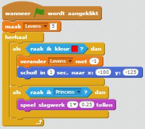 vast aan het bestaande blok Selecteer bij Scripts het onderdeel Waarnemen Sleep een RAAK IK KLEUR blok naar de scriptszone en klik deze vast in de van het bestaande blok Selecteer bij Scripts het