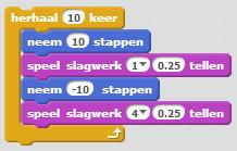 Selecteer bij Scripts het onderdeel Geluid Sleep een SPEEL SLAGWERK blok naar de scriptszone Klik op de keuzelijst in het blok en kies dan een slagwerk uit het keuzemenu.