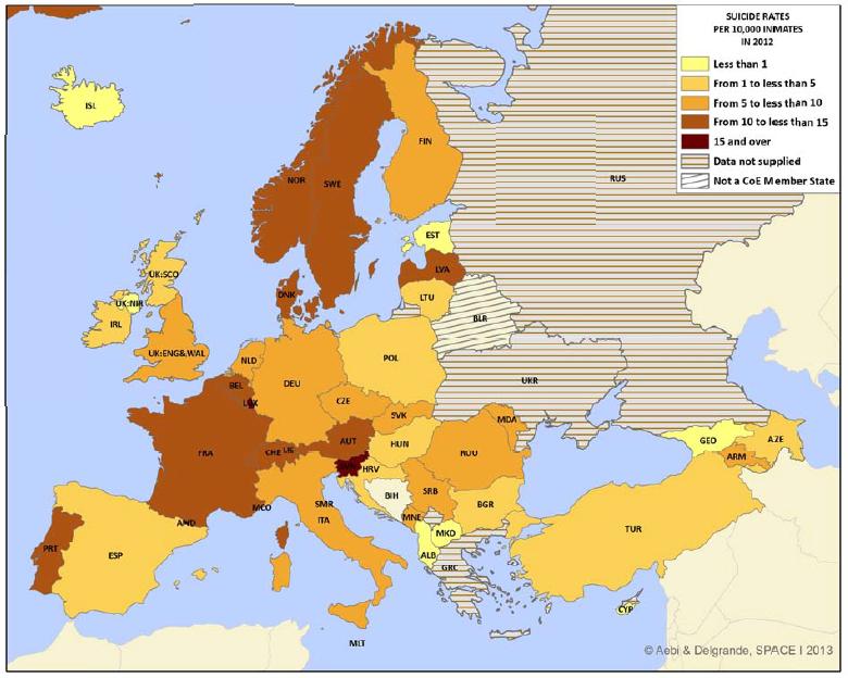 België (x6): 110 suïcides per 100,000 gedetineerden in 2013 2