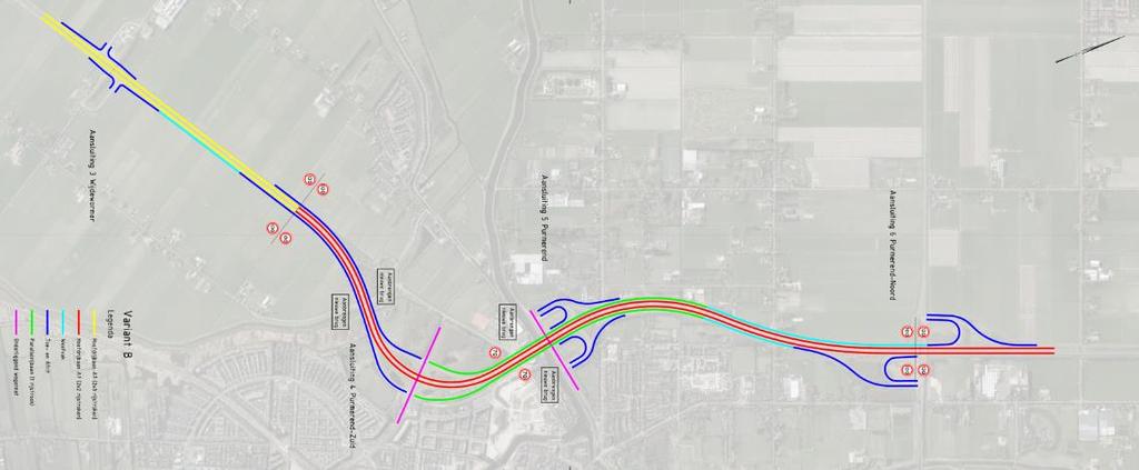 3.4 Variant B (A7 met hoofd- en parallelbaan) Een mogelijke variant voor de oplossing met de halve aansluitingen is om de toe- en afritten van de aansluitingen Purmerend Zuid en Purmerend/