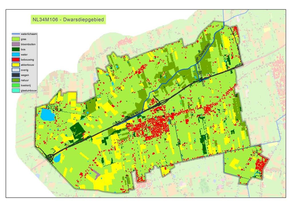 Figuur 7.1.1 Ligging waterlopen binnen waterlichaam Dwarsdiepgebied en landgebruik 7.1.3 Hydrologie en waterhuishouding Het Oude Diep en het Dwarsdiep zijn de belangrijkste afwaterende watergangen die centraal door het gebied lopen.