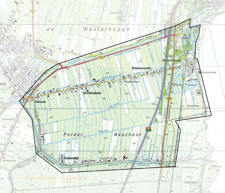 2.5.3 Polder Beschoot De polder bestaat uit open landschap dat sterk geleed is door lintbebouwing van Grosthuizen en infrastructuur, de A7 en de Hoornsche trekvaart aan de oostkant.